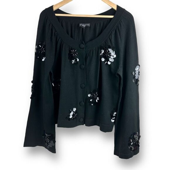 INC Women's XL Button Front Long Flare Sleeve Blouse Black Sequin Maximalist - Picture 1 of 10